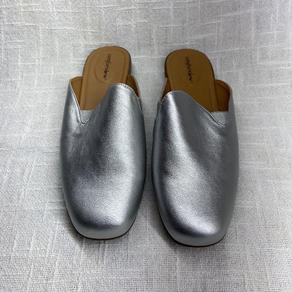 Comfort View Emery Silver Slide Mules - Size 10M